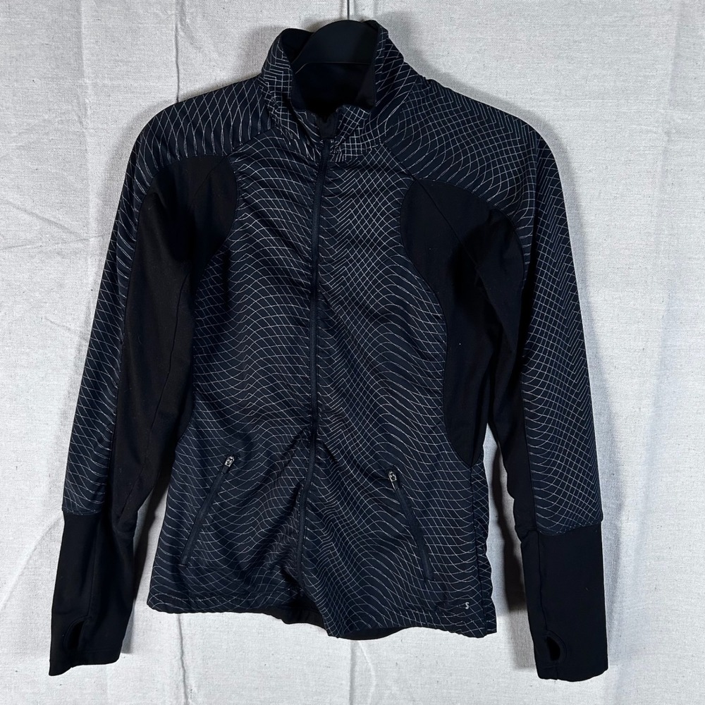 Asics‎ Womens Small Black Grey Geometric Full Zip Running Jacket Thumbholes